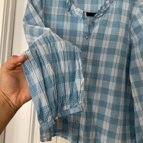 SIZE XS Madewell Ruffle Neck Top Colwell Plaid Blue & White Gingham - Picture 3 of 5
